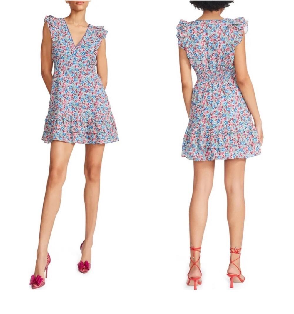 Betsey Johnson Lavish Villa Floral Mini Dress Medium Blue Pink Ruffle V Neck